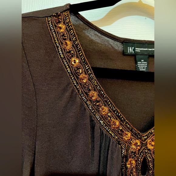 INC Petite M…chocolate brown long sleeved top. Copper bead and sequin neckline. - Picture 6 of 15